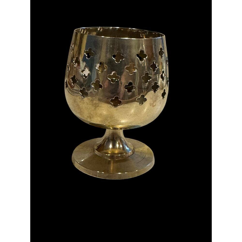Brass Votive Candle Holder Pedestal Pierced Metal 4” tall